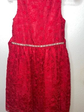 Biscotti Red Lace Dress with Rhinestone Waistband